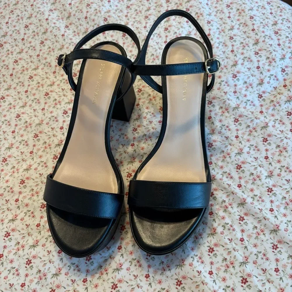 Stuart Weitzman Dancer Black Mid Platform Heel Sandals